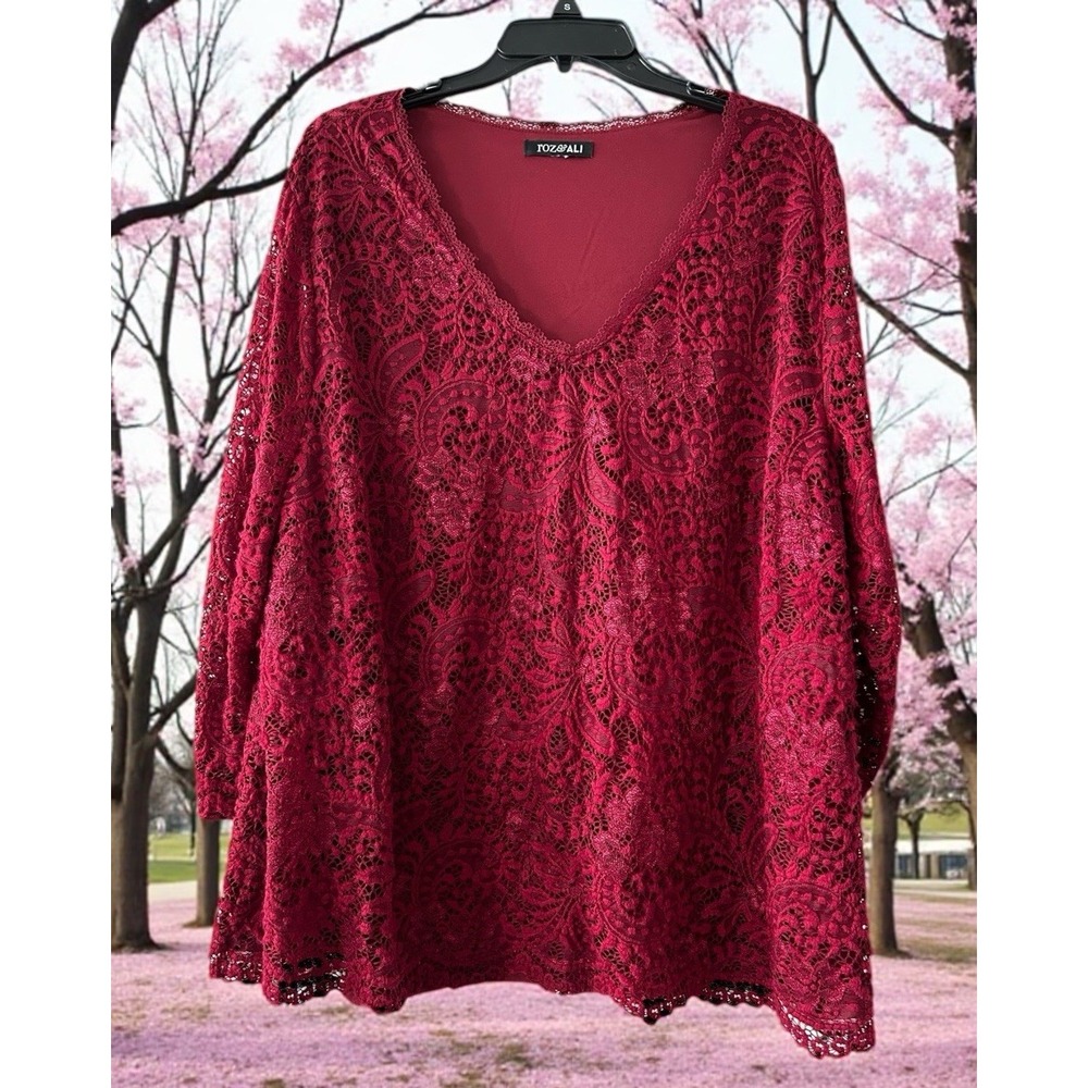 Roz & Ali Womens Top Shirt Blouse Size PLUS Wine Red 3/4 Sleeve Fall 3XL Holiday